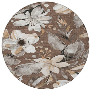 HomeRoots 8' Round Floral Washable Area Rug in Chocolate, Ivory & Wheat - Perfect for Indoor & Outdoor Use! 640818