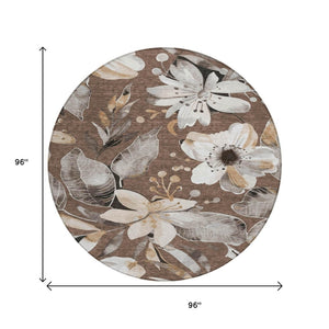 HomeRoots 8' Round Floral Washable Area Rug in Chocolate, Ivory & Wheat - Perfect for Indoor & Outdoor Use! 640818