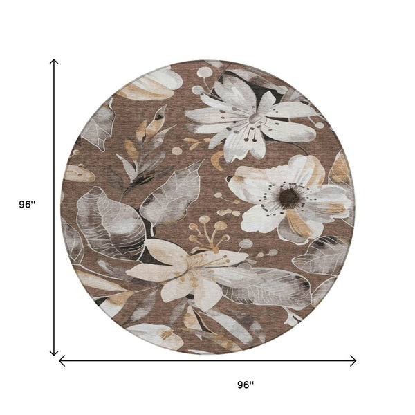 HomeRoots 8' Round Floral Washable Area Rug in Chocolate, Ivory & Wheat - Perfect for Indoor & Outdoor Use! 640818