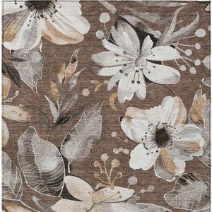 HomeRoots 9' X 12' Washable Floral Area Rug in Chocolate, Ivory & Wheat - Durable Indoor/Outdoor Decor Accessory 640820