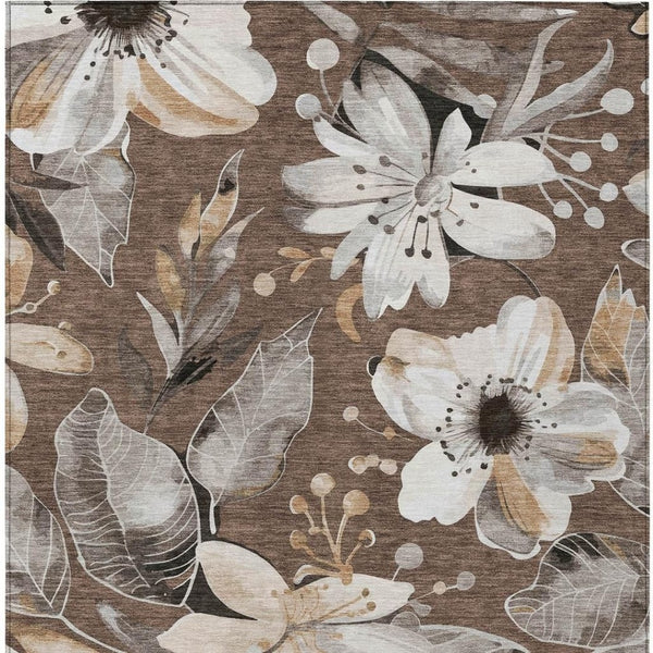 HomeRoots 9' X 12' Washable Floral Area Rug in Chocolate, Ivory & Wheat - Durable Indoor/Outdoor Decor Accessory 640820