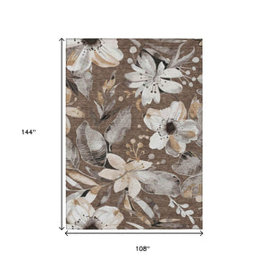 HomeRoots 9' X 12' Washable Floral Area Rug in Chocolate, Ivory & Wheat - Durable Indoor/Outdoor Decor Accessory 640820
