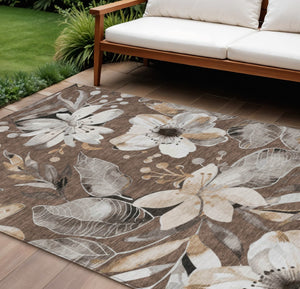 HomeRoots 9' X 12' Washable Floral Area Rug in Chocolate, Ivory & Wheat - Durable Indoor/Outdoor Decor Accessory 640820
