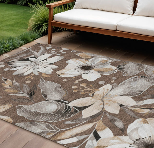 HomeRoots 9' X 12' Washable Floral Area Rug in Chocolate, Ivory & Wheat - Durable Indoor/Outdoor Decor Accessory 640820