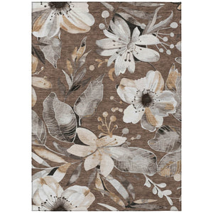 HomeRoots 9' X 12' Washable Floral Area Rug in Chocolate, Ivory & Wheat - Durable Indoor/Outdoor Decor Accessory 640820