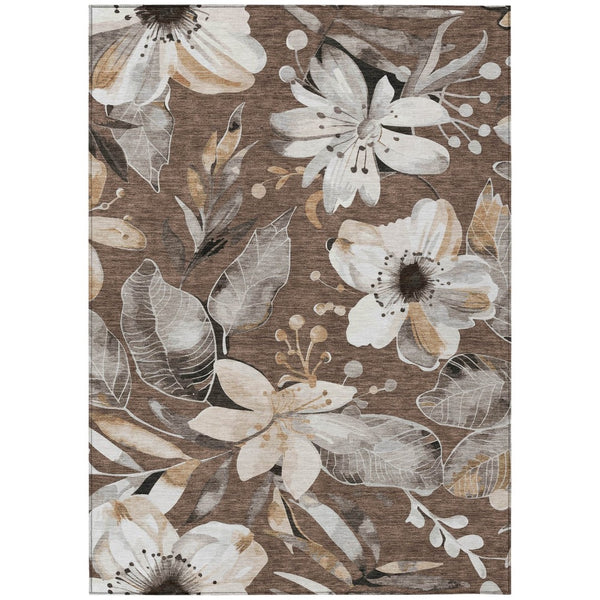 HomeRoots 9' X 12' Washable Floral Area Rug in Chocolate, Ivory & Wheat - Durable Indoor/Outdoor Decor Accessory 640820