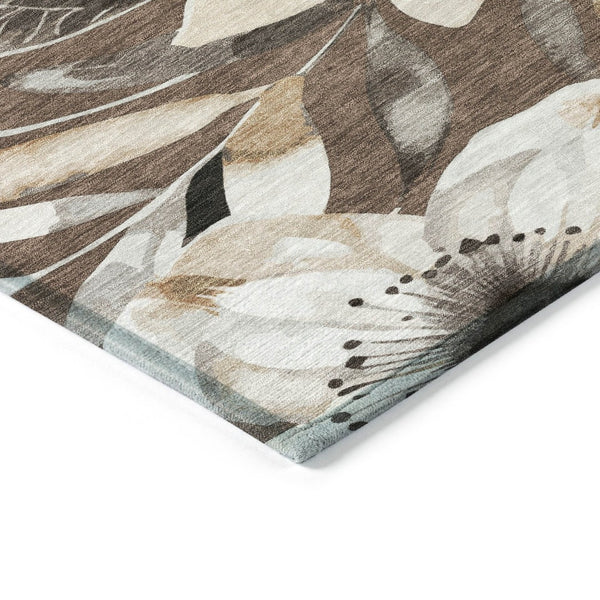 HomeRoots 9' X 12' Washable Floral Area Rug in Chocolate, Ivory & Wheat - Durable Indoor/Outdoor Decor Accessory 640820