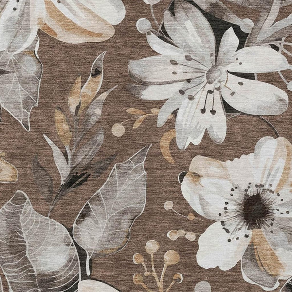 HomeRoots 9' X 12' Washable Floral Area Rug in Chocolate, Ivory & Wheat - Durable Indoor/Outdoor Decor Accessory 640820