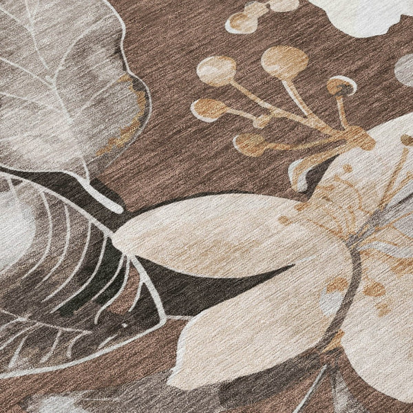 HomeRoots 9' X 12' Washable Floral Area Rug in Chocolate, Ivory & Wheat - Durable Indoor/Outdoor Decor Accessory 640820