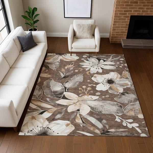 HomeRoots 9' X 12' Washable Floral Area Rug in Chocolate, Ivory & Wheat - Durable Indoor/Outdoor Decor Accessory 640820