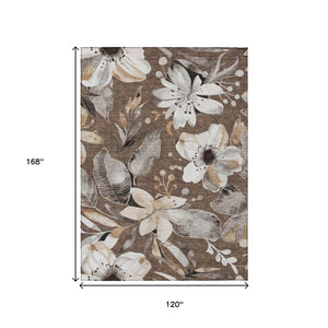HomeRoots 10' X 14' Floral Area Rug in Chocolate, Ivory & Wheat - Washable, Durable, Indoor/Outdoor Decor 640821