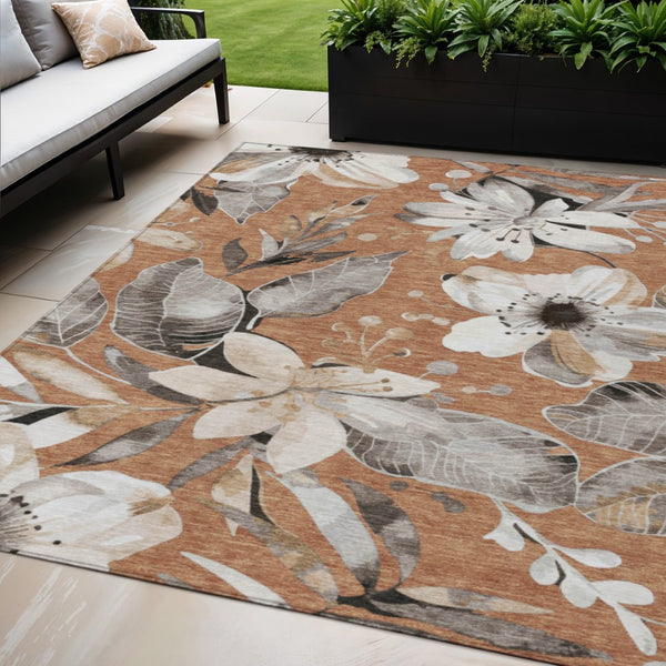 HomeRoots 5' Copper Ivory Charcoal Floral Area Rug – Washable, Durable & Stylish for Indoors & Outdoors 640823