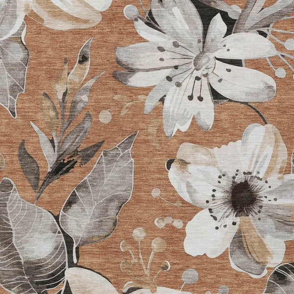 HomeRoots 5' Copper Ivory Charcoal Floral Area Rug – Washable, Durable & Stylish for Indoors & Outdoors 640823