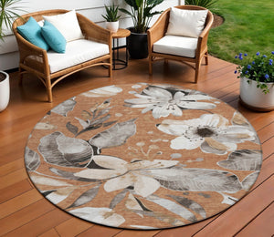 HomeRoots 8' Round Floral Area Rug in Copper, Ivory & Charcoal – Durable, Washable for Indoor & Outdoor Use 640824