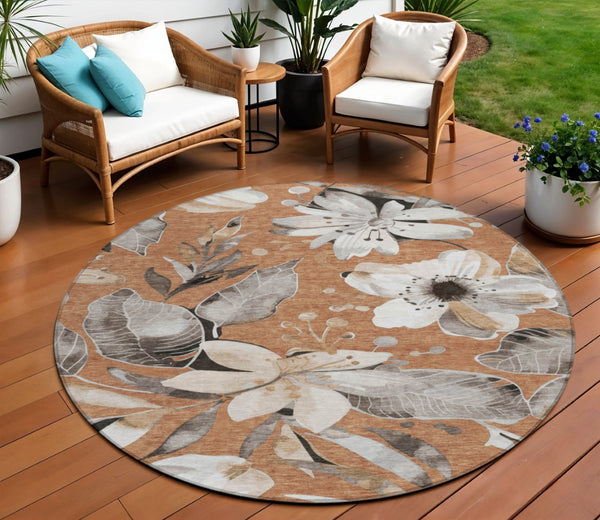 HomeRoots 8' Round Floral Area Rug in Copper, Ivory & Charcoal – Durable, Washable for Indoor & Outdoor Use 640824