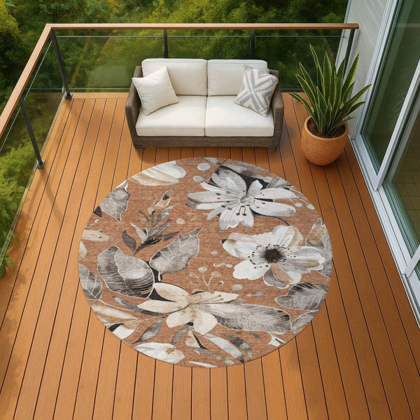 HomeRoots 8' Round Floral Area Rug in Copper, Ivory & Charcoal – Durable, Washable for Indoor & Outdoor Use 640824
