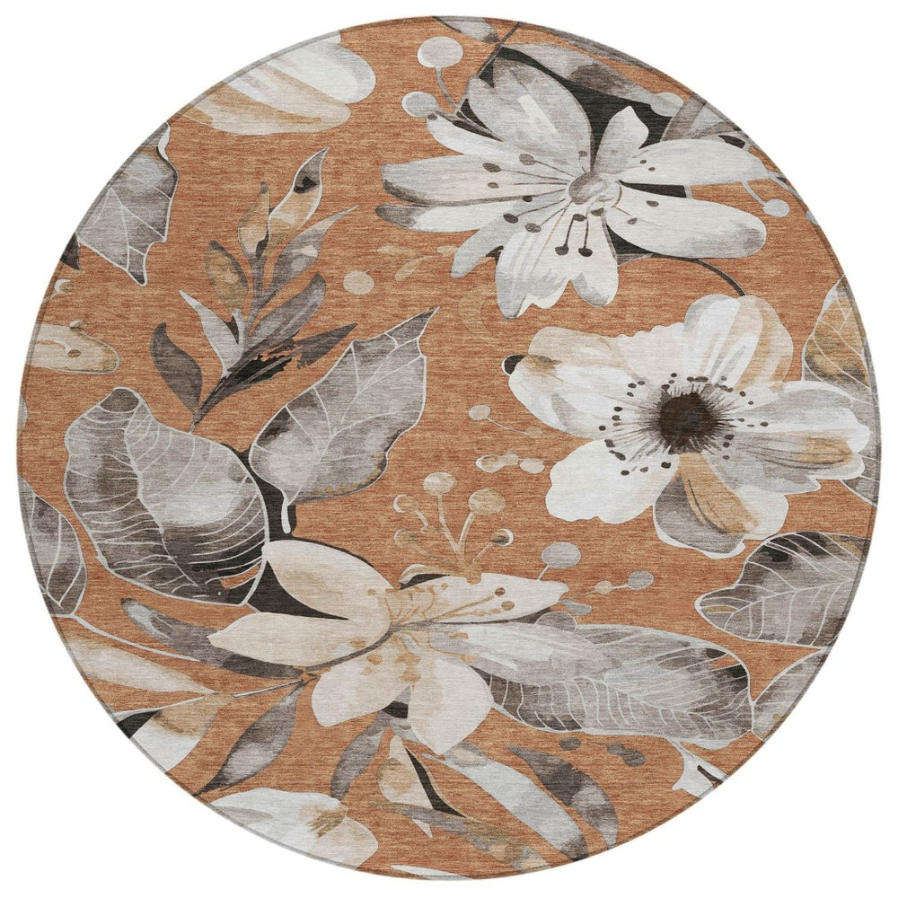 HomeRoots 8' Round Floral Area Rug in Copper, Ivory & Charcoal – Durable, Washable for Indoor & Outdoor Use 640824