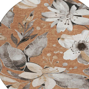 HomeRoots 8' Round Floral Area Rug in Copper, Ivory & Charcoal – Durable, Washable for Indoor & Outdoor Use 640824