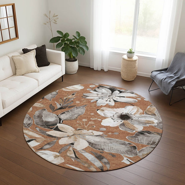 HomeRoots 8' Round Floral Area Rug in Copper, Ivory & Charcoal – Durable, Washable for Indoor & Outdoor Use 640824