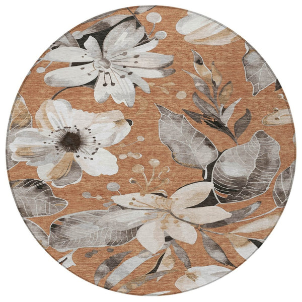 HomeRoots 8' Round Floral Area Rug in Copper, Ivory & Charcoal – Durable, Washable for Indoor & Outdoor Use 640824
