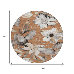 HomeRoots 8' Round Floral Area Rug in Copper, Ivory & Charcoal – Durable, Washable for Indoor & Outdoor Use 640824