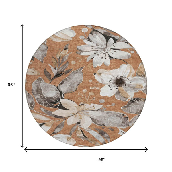 HomeRoots 8' Round Floral Area Rug in Copper, Ivory & Charcoal – Durable, Washable for Indoor & Outdoor Use 640824