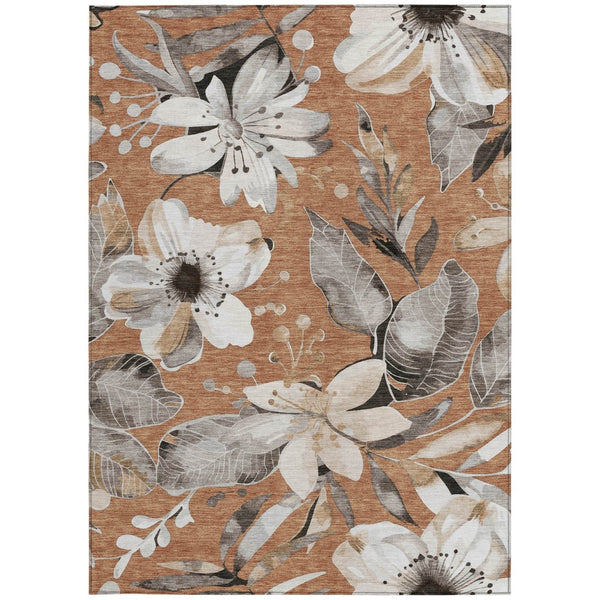 HomeRoots 9' X 12' Copper Ivory Floral Area Rug - Washable, Durable, Indoor/Outdoor, Easy Maintenance Décor 640826
