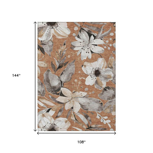 HomeRoots 9' X 12' Copper Ivory Floral Area Rug - Washable, Durable, Indoor/Outdoor, Easy Maintenance Décor 640826