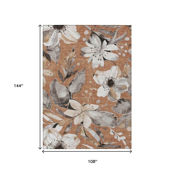 HomeRoots 9' X 12' Copper Ivory Floral Area Rug - Washable, Durable, Indoor/Outdoor, Easy Maintenance Décor 640826