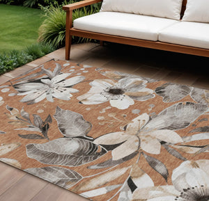 HomeRoots 9' X 12' Copper Ivory Floral Area Rug - Washable, Durable, Indoor/Outdoor, Easy Maintenance Décor 640826