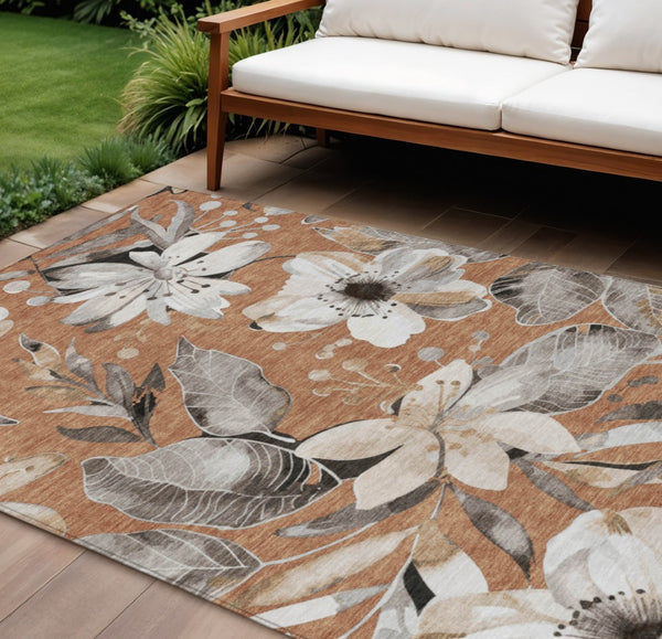 HomeRoots 9' X 12' Copper Ivory Floral Area Rug - Washable, Durable, Indoor/Outdoor, Easy Maintenance Décor 640826