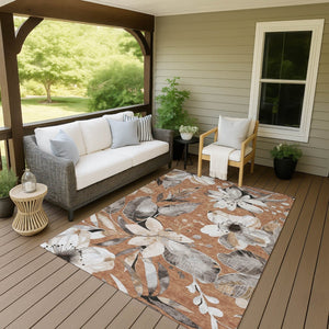 HomeRoots 9' X 12' Copper Ivory Floral Area Rug - Washable, Durable, Indoor/Outdoor, Easy Maintenance Décor 640826