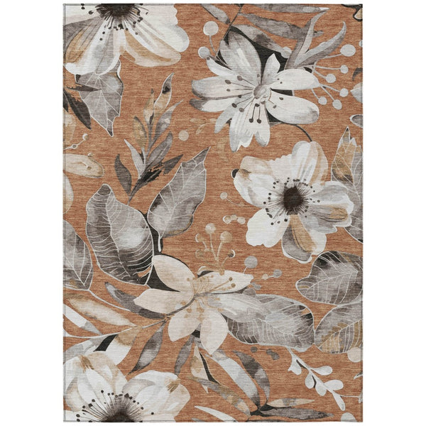 HomeRoots 9' X 12' Copper Ivory Floral Area Rug - Washable, Durable, Indoor/Outdoor, Easy Maintenance Décor 640826