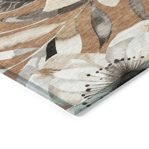 HomeRoots 9' X 12' Copper Ivory Floral Area Rug - Washable, Durable, Indoor/Outdoor, Easy Maintenance Décor 640826