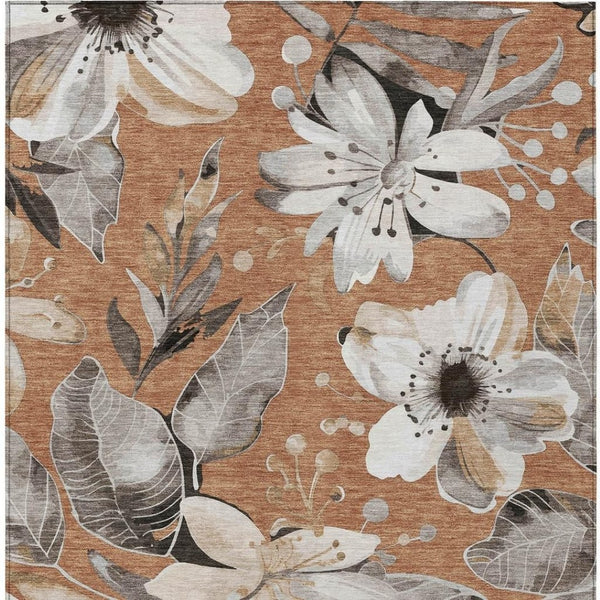 HomeRoots 9' X 12' Copper Ivory Floral Area Rug - Washable, Durable, Indoor/Outdoor, Easy Maintenance Décor 640826