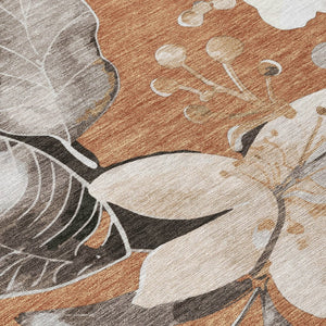 HomeRoots 9' X 12' Copper Ivory Floral Area Rug - Washable, Durable, Indoor/Outdoor, Easy Maintenance Décor 640826