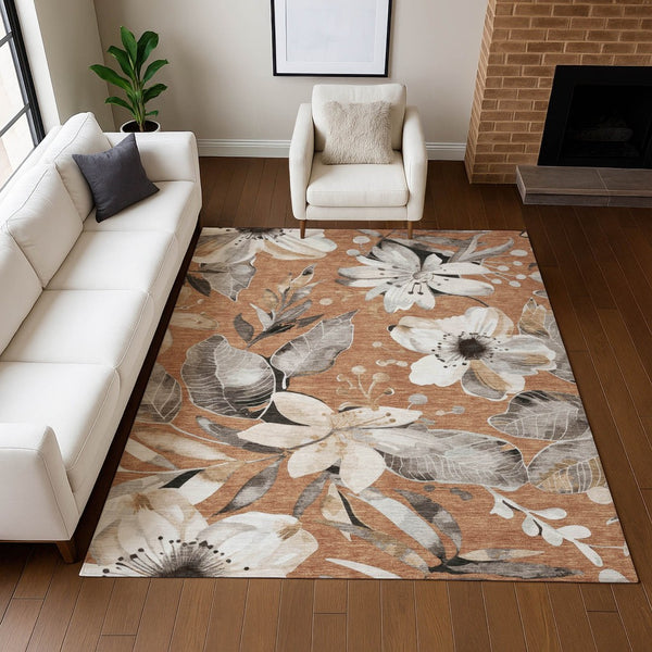 HomeRoots 9' X 12' Copper Ivory Floral Area Rug - Washable, Durable, Indoor/Outdoor, Easy Maintenance Décor 640826
