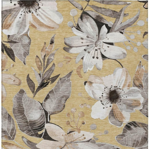 HomeRoots 5' Gold, Ivory & Charcoal Floral Washable Area Rug - Durable for Indoor/Outdoor Use, Easy Care! 640829
