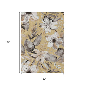 HomeRoots 5' Gold, Ivory & Charcoal Floral Washable Area Rug - Durable for Indoor/Outdoor Use, Easy Care! 640829