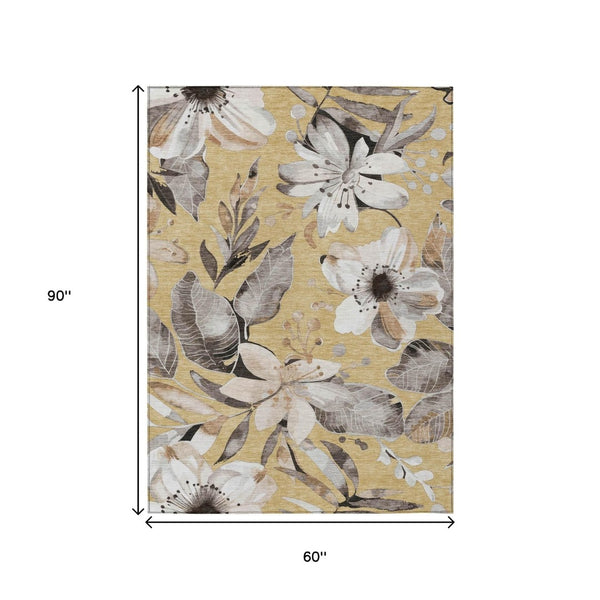 HomeRoots 5' Gold, Ivory & Charcoal Floral Washable Area Rug - Durable for Indoor/Outdoor Use, Easy Care! 640829