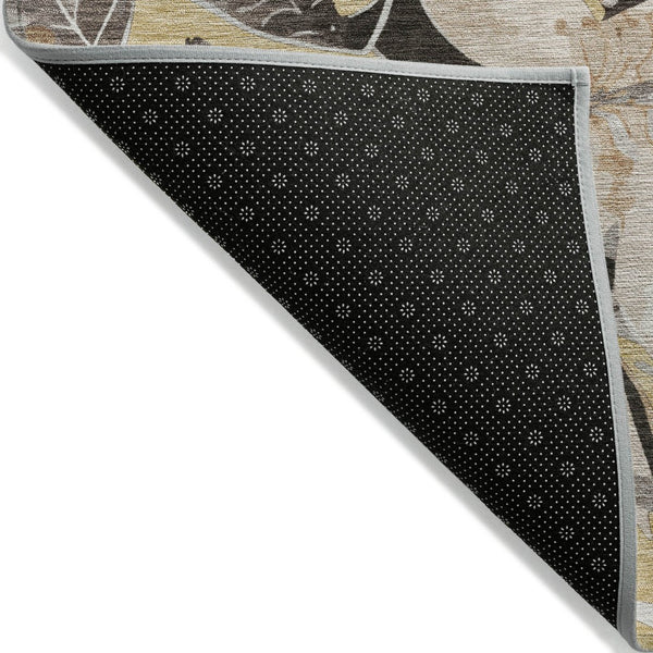 HomeRoots 5' Gold, Ivory & Charcoal Floral Washable Area Rug - Durable for Indoor/Outdoor Use, Easy Care! 640829