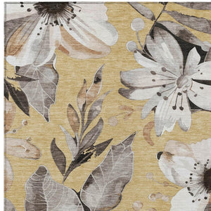 HomeRoots 5' Gold, Ivory & Charcoal Floral Washable Area Rug - Durable for Indoor/Outdoor Use, Easy Care! 640829
