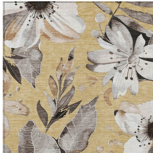HomeRoots 5' Gold, Ivory & Charcoal Floral Washable Area Rug - Durable for Indoor/Outdoor Use, Easy Care! 640829