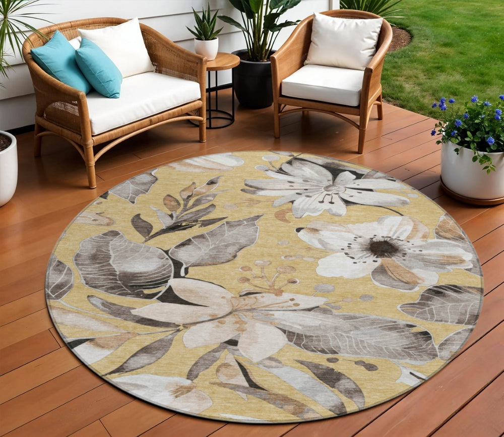 HomeRoots 8' Round Floral Area Rug in Gold, Ivory & Charcoal - Durable, Washable for Indoor & Outdoor Spaces! 640830