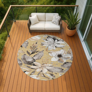 HomeRoots 8' Round Floral Area Rug in Gold, Ivory & Charcoal - Durable, Washable for Indoor & Outdoor Spaces! 640830