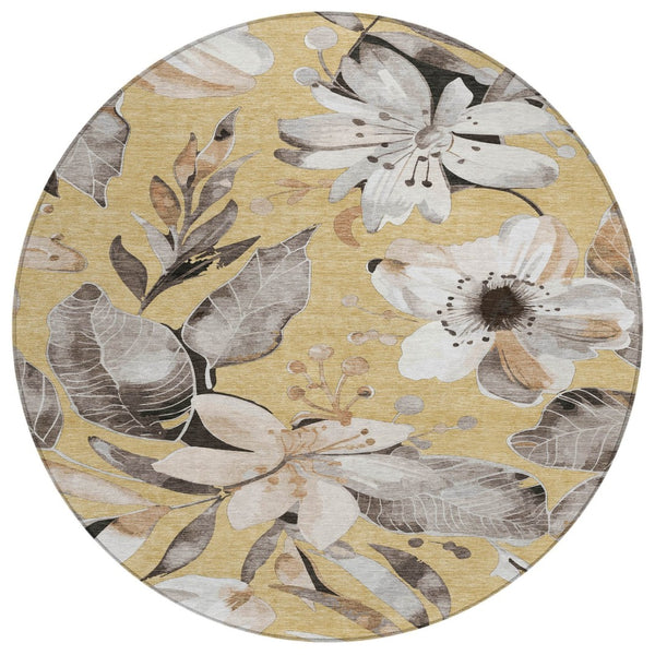 HomeRoots 8' Round Floral Area Rug in Gold, Ivory & Charcoal - Durable, Washable for Indoor & Outdoor Spaces! 640830