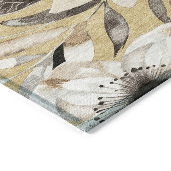 HomeRoots 8' Round Floral Area Rug in Gold, Ivory & Charcoal - Durable, Washable for Indoor & Outdoor Spaces! 640830