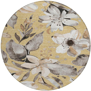HomeRoots 8' Round Floral Area Rug in Gold, Ivory & Charcoal - Durable, Washable for Indoor & Outdoor Spaces! 640830