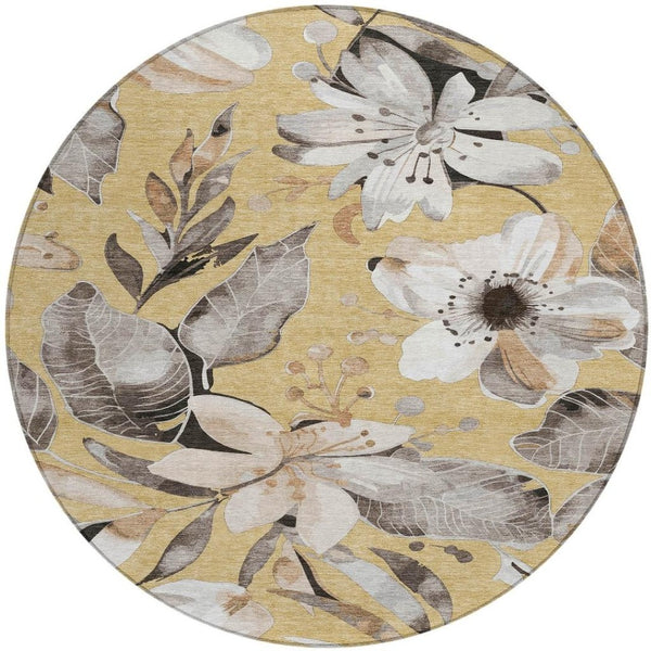 HomeRoots 8' Round Floral Area Rug in Gold, Ivory & Charcoal - Durable, Washable for Indoor & Outdoor Spaces! 640830