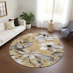 HomeRoots 8' Round Floral Area Rug in Gold, Ivory & Charcoal - Durable, Washable for Indoor & Outdoor Spaces! 640830